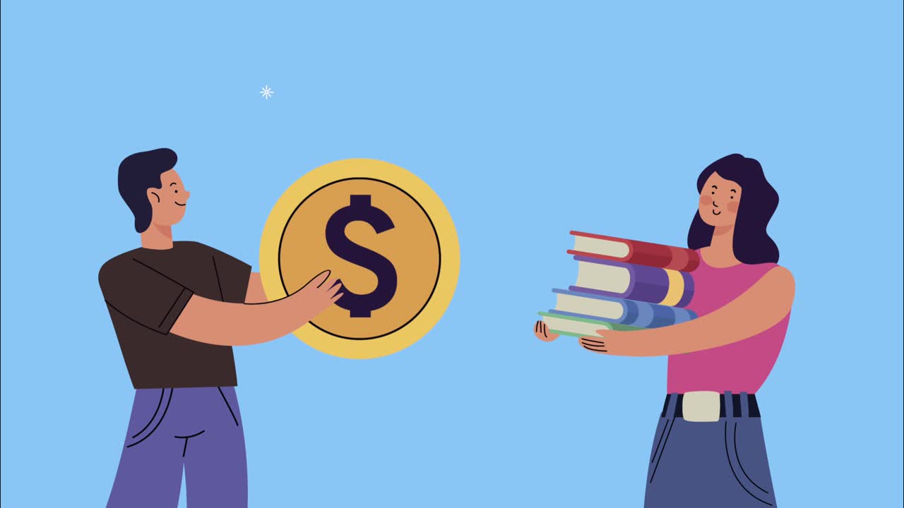 pareja de éxito con libros y dinero