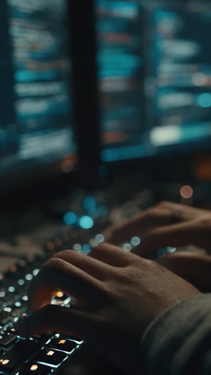 A Close-Up View of Hands Typing on a Backlit Keyboard Surrounded by Digital Code, Capturing the Essence of Modern Computing and Cyber Activities