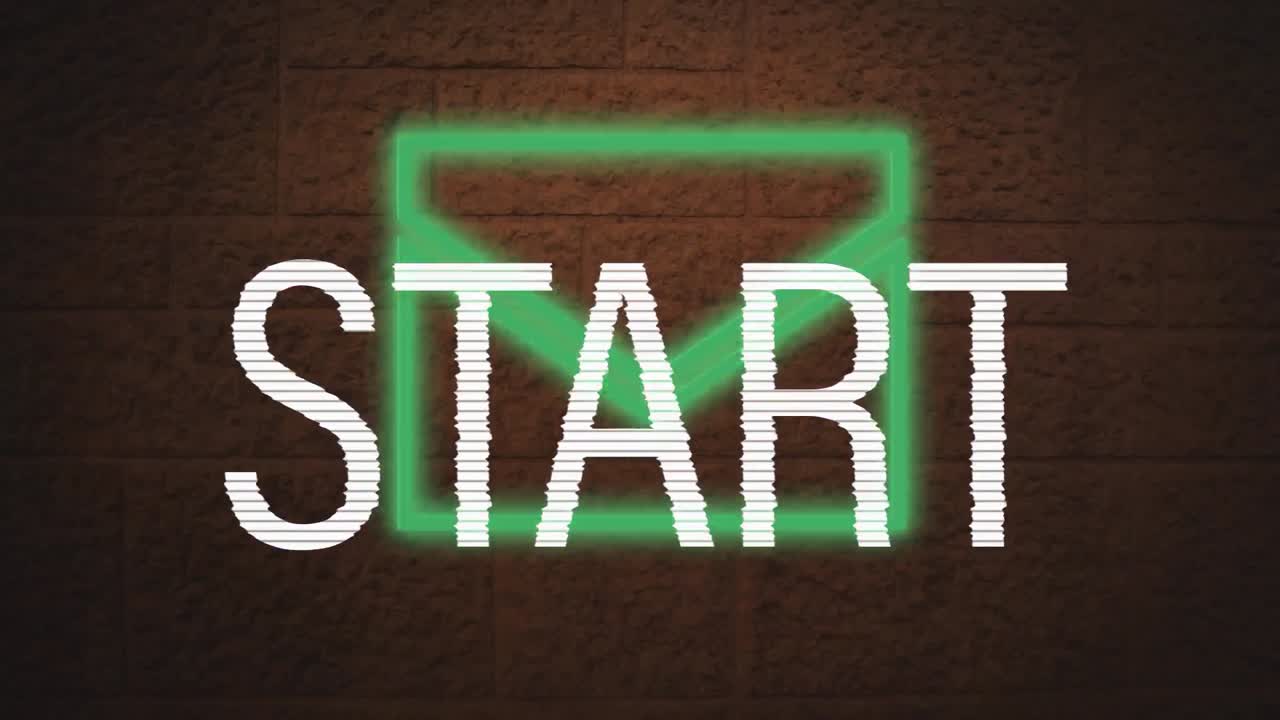 Digital animation of start text over neon green message icon against brick wall