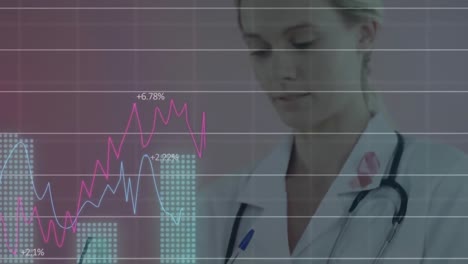 animación del procesamiento de datos financieros sobre una doctora caucásica