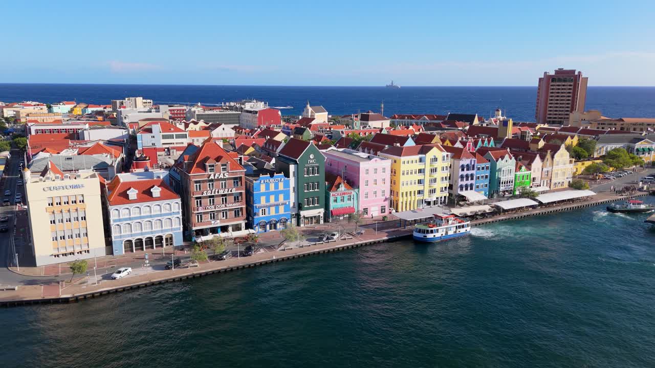 Aerial orbit of the iconic Punda District with its colorful buildings and the waterfront, Curacao
