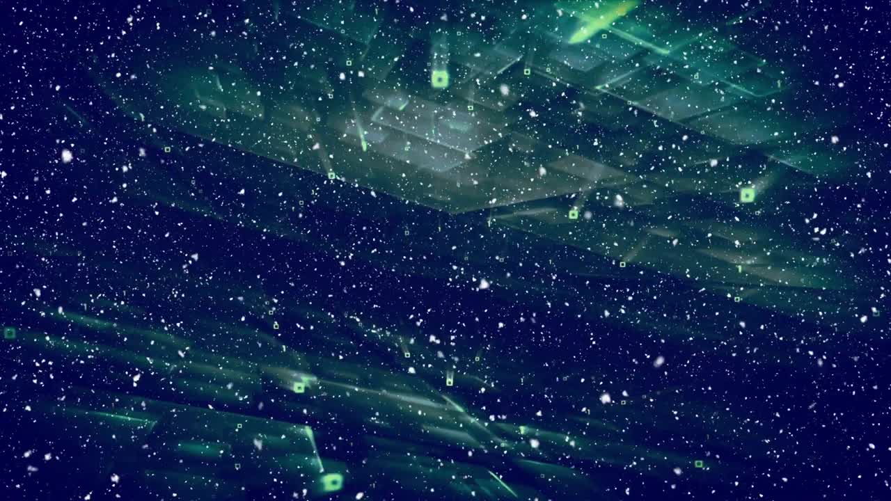 Upon grid appearing green tiles unfolding, rotating, scattering starry void visualizing cosmic data