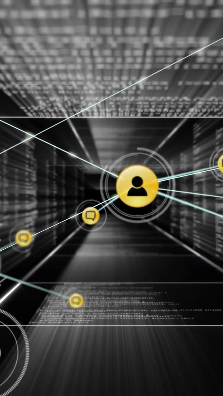 Vertical video: Sending central user node emitting cyan links in data tunnel building chat network