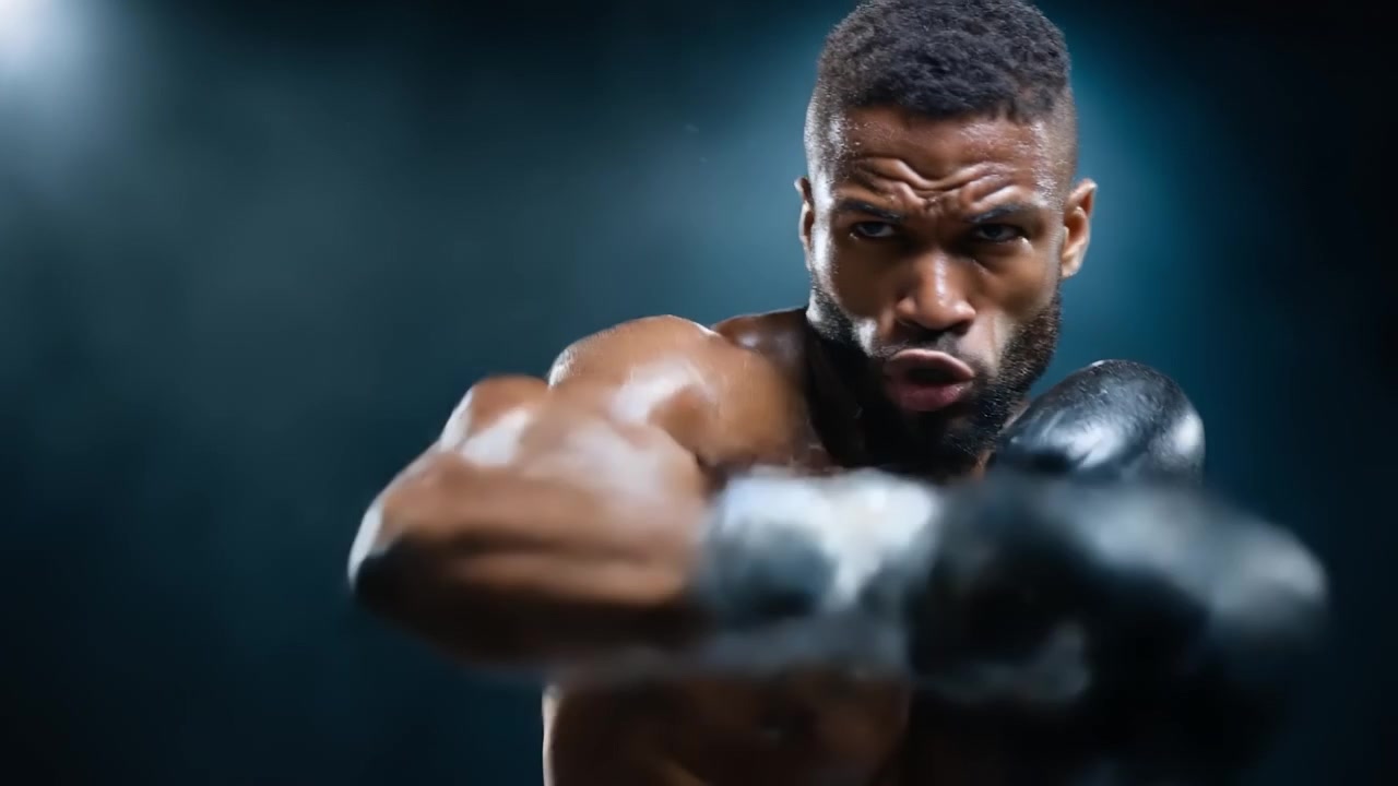 Pugile maschio muscoloso in posizione difensiva che indossa guantoni da boxe in una palestra fumosa.