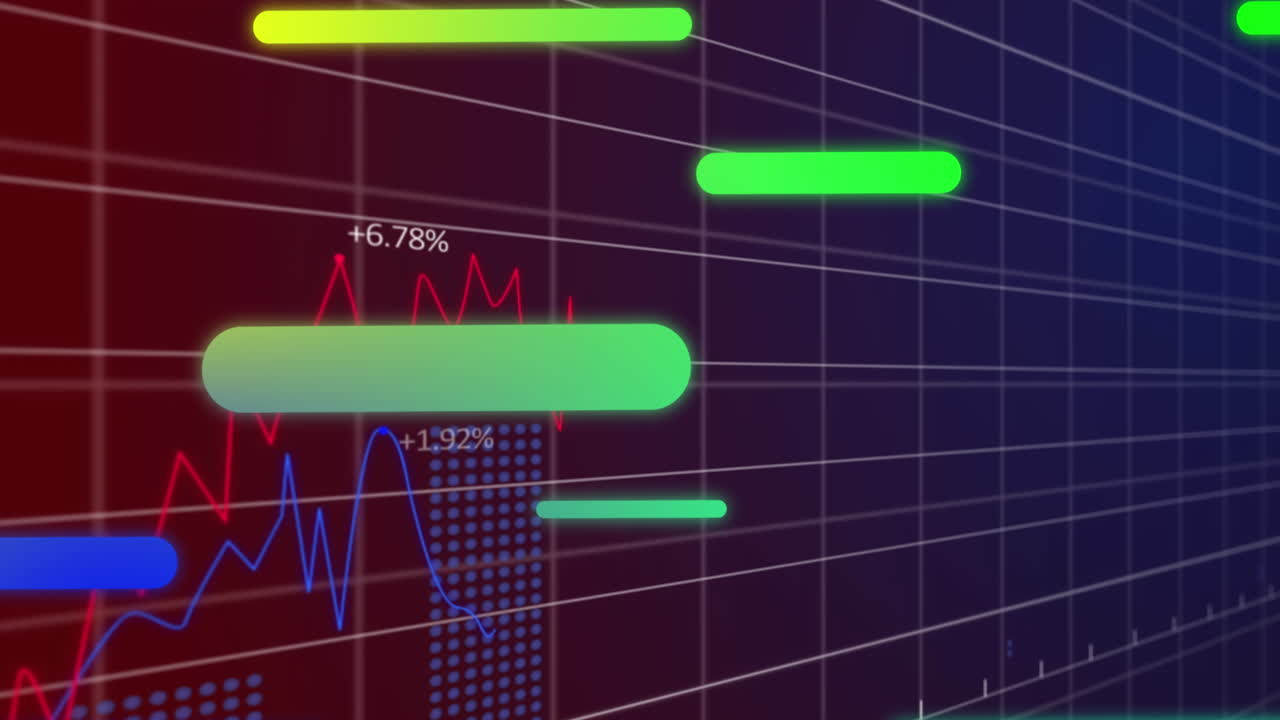 Animation of moving bars over multiple graphs with changing numbers against black background