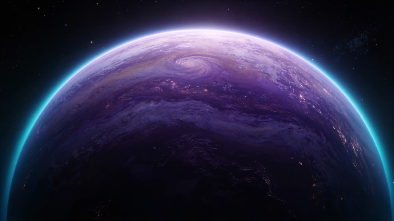 Et drivende kamera avslører lilla skybånd og storm på en planet sett fra bane, og viser lys for studie.