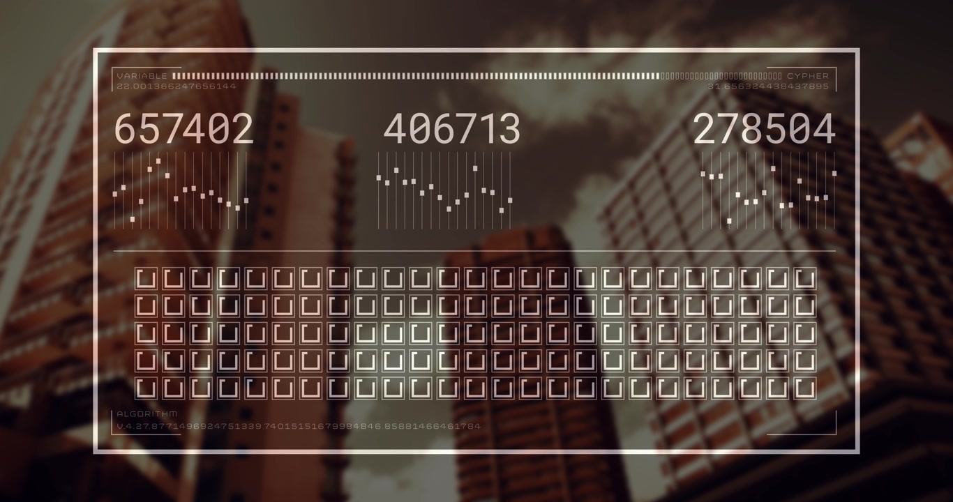 Upon HUD appearing, translucent overlay displaying live data and shifting charts before fading away