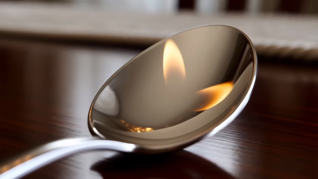 Cucchiaio d'argento con riflesso di luce su un tavolo di legno