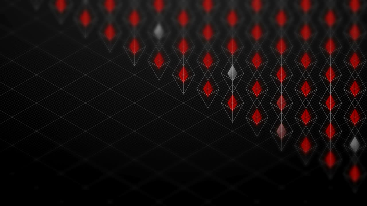 Abstract 3D isometric virtual wireframe octahedron and red core with square mesh pattern illustration, Blockchain technology concept design on black background, seamless looping animation 4K