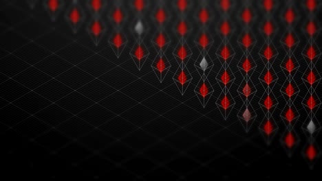 abstract 3d isometric virtual wireframe octahedron and red core with square mesh pattern illustration, blockchain technology concept design on black background, seamless looping animation 4k