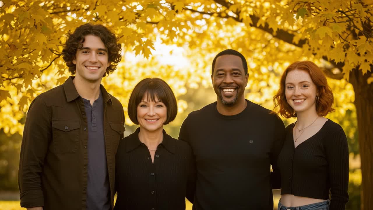 Family portrait outdoors in autumn with yellow leaves