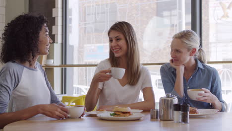 tres amigas se reúnen para almorzar en una cafetería