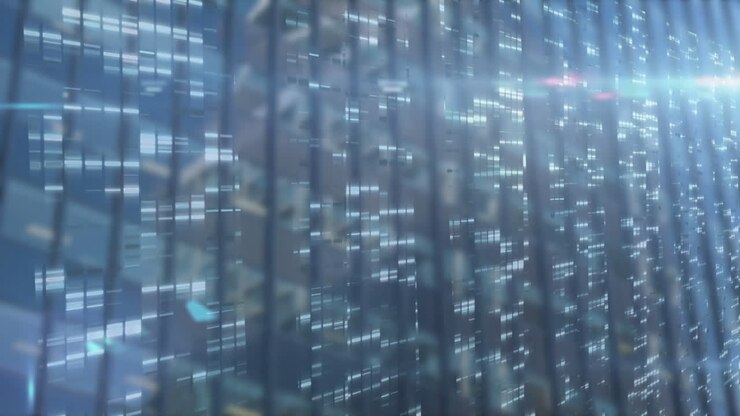 Animation of data processing over modern office building.