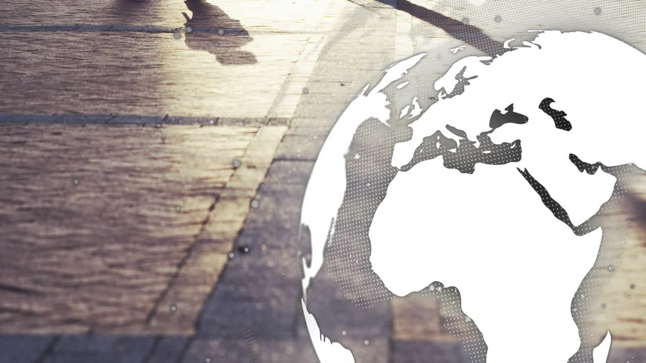 Stylized globe entering right, spinning growing, covering tiles with walkers passing, showing data