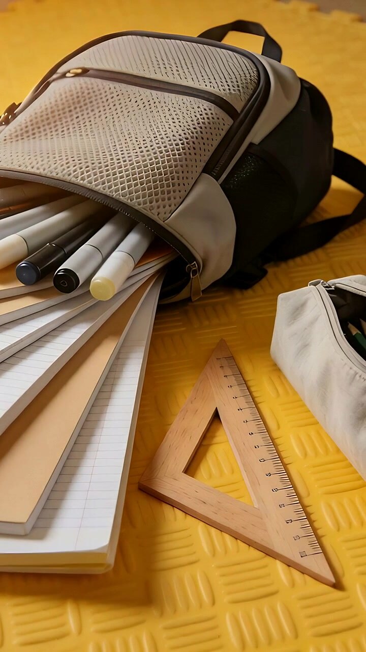 Vertical video: Panning camera revealing backpack with mesh pocket pens on yellow mat showing pouch