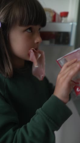 child eating ham in front of refrigerator