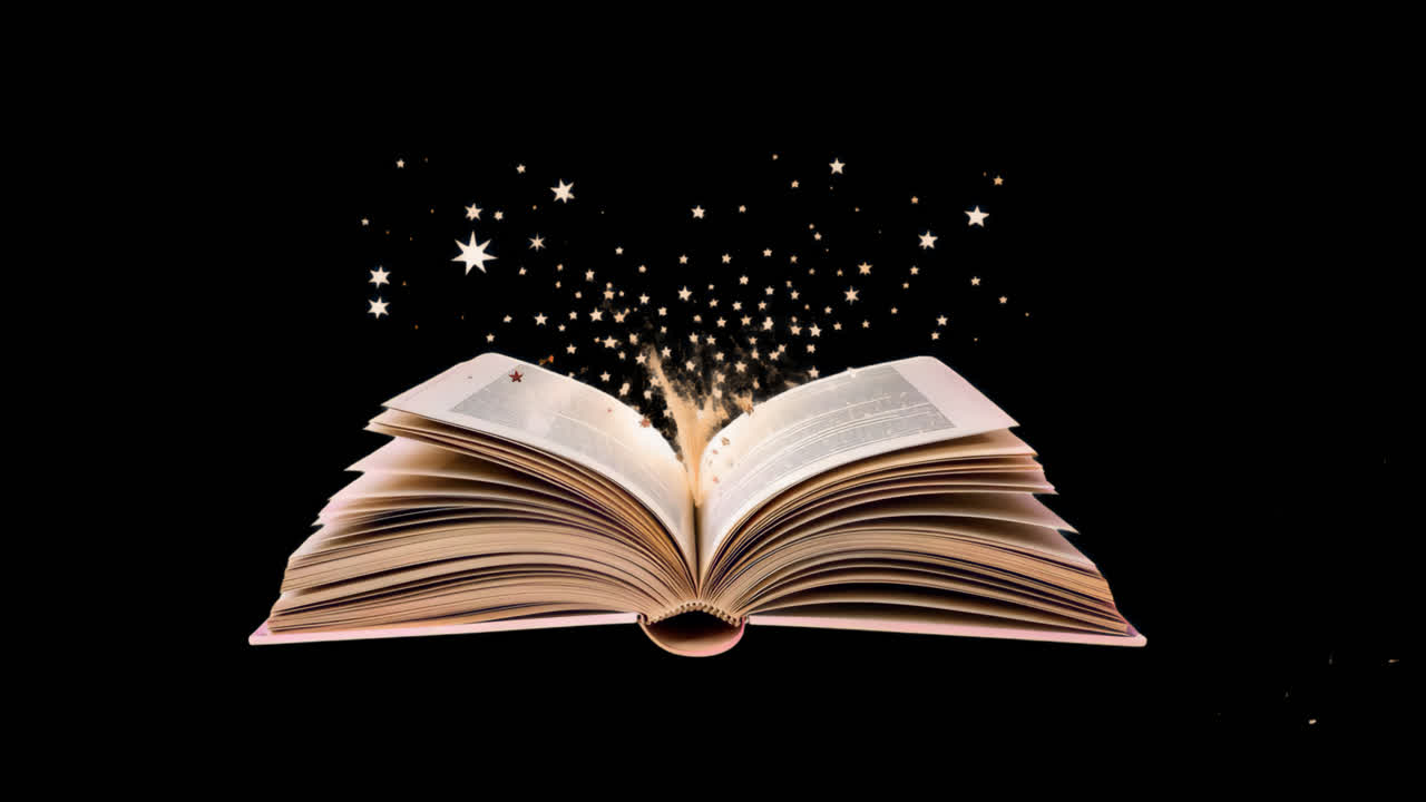 Libro mágico abierto con animación de estrellas, recurso aislado, vídeo 4K transparente, canal alfa, ProRes