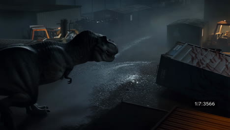 tyrannosaurus rex in a dark industrial warehouse