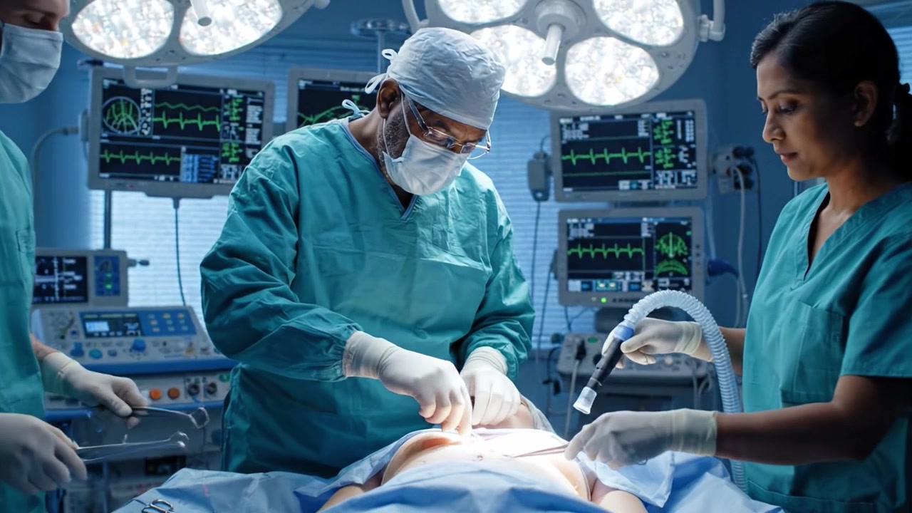 Các bác sĩ phẫu thuật phối hợp trong phòng mổ công nghệ cao, tập trung vào một ca phẫu thuật phức tạp với thiết bị y tế tiên tiến, làm nổi bật sự chính xác và tinh thần đồng đội trong phẫu thuật.