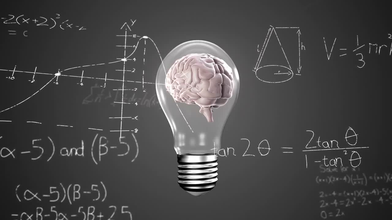 Animation of spinning human brain in a electric bulb and mathematical equations on grey background