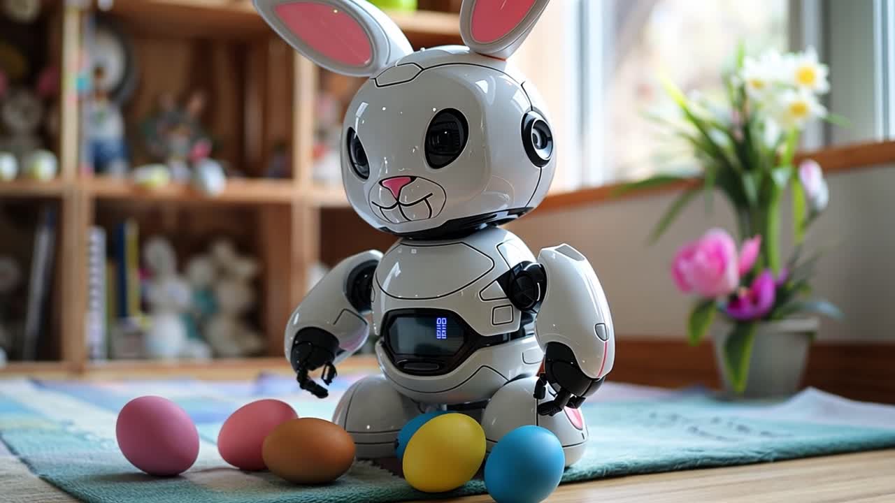 A robot bunny sits on a rug surrounded by colorful Easter eggs