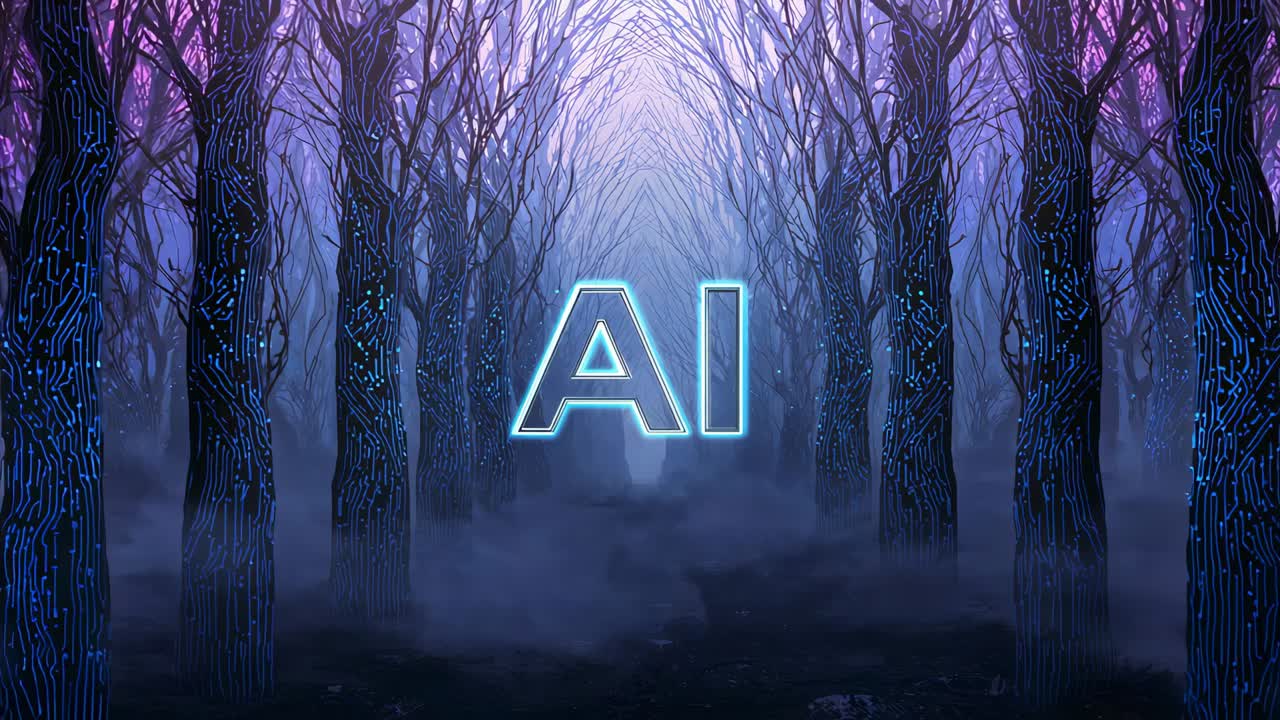 Glowing AI letters brightening among circuit trunks in tech grove, camera zooming, emphasizing AI