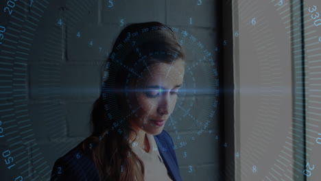 woman scanning workspace near window through ar hud overlay, boosting technology design insights