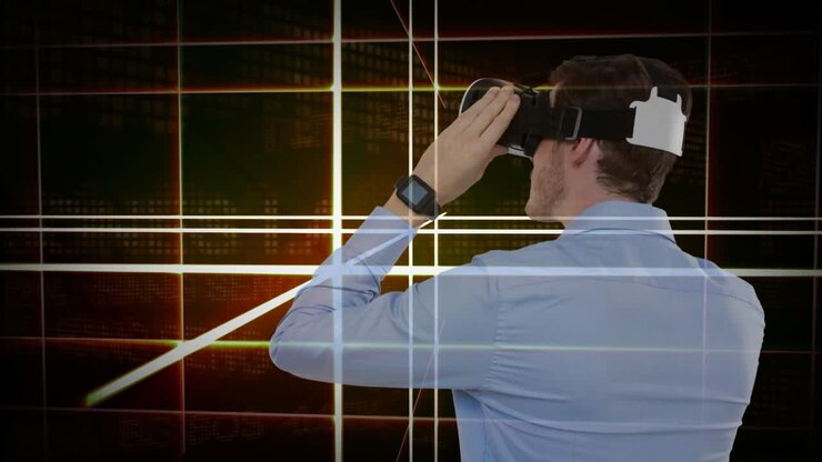 Uomo che indossa un visore per la realtà virtuale, esplorando un'animazione di griglia digitale