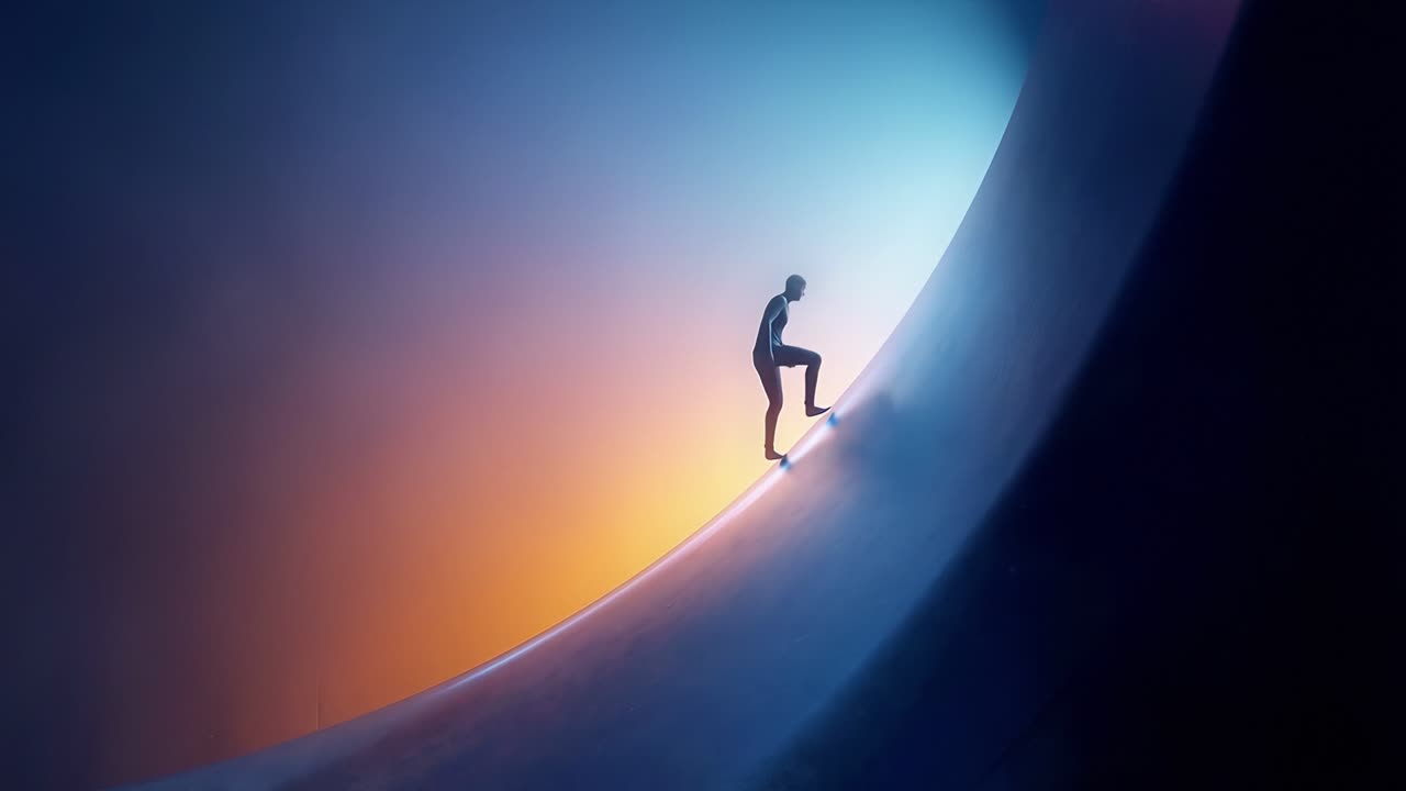 Silhuet af en person, der går op ad en buet blå skråning mod et glødende orange lys i en minimalistisk scene.