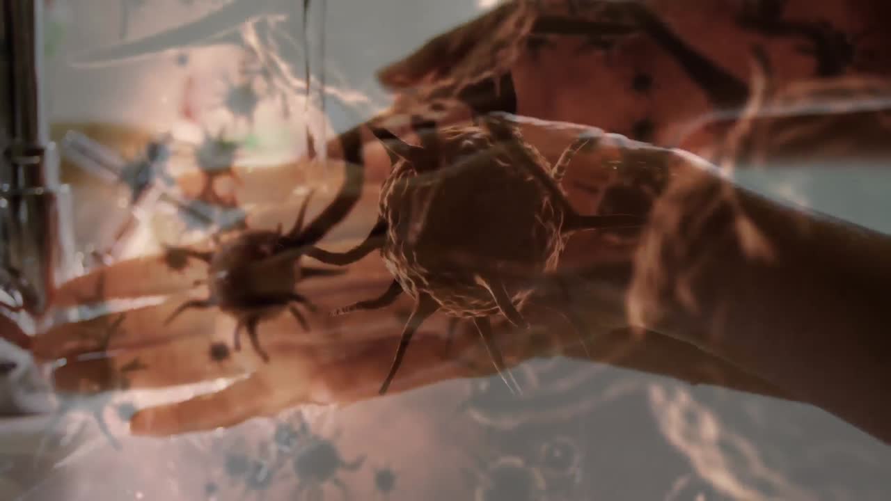 손을  ⁇ 는 부모와 자녀의 손에 퍼지는 거대 코로나바이러스 세포의 애니메이션