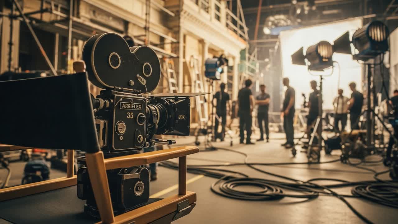 Behind the Scenes of Film Production: An Arriflex Camera Capturing Action in a Dynamic Set with Crew and Lights
