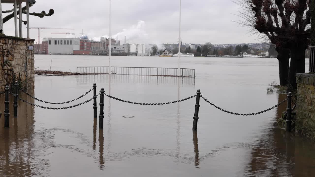 Rope Barrier And The Town Immerse In Flood From Rhine River, Germany. wide shot