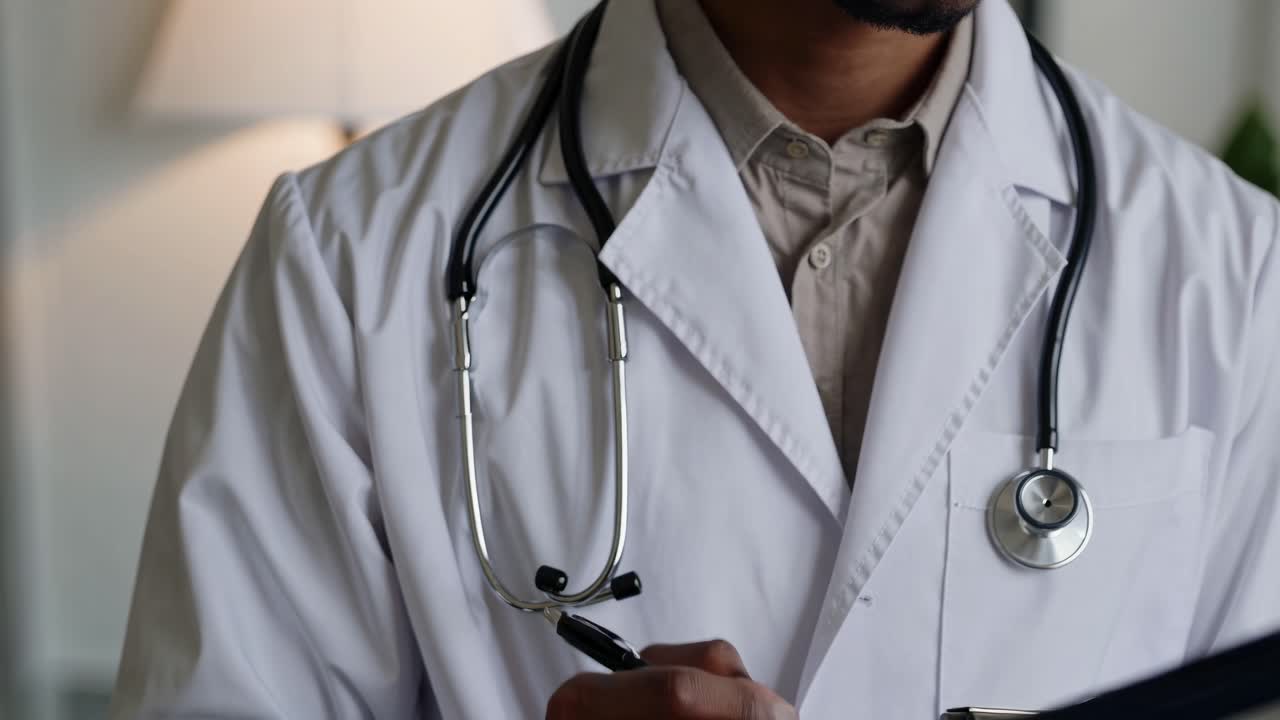 Gros plan d’un médecin en blouse blanche avec un stéthoscope, prenant des notes