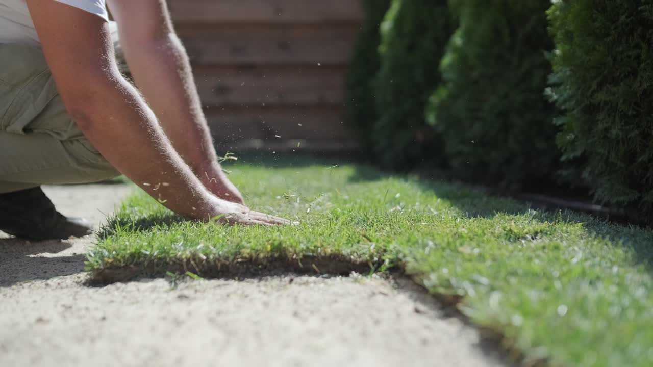 전문 정원사에 의해 설치 된 새로운 자연 잔디 잔디의 롤.