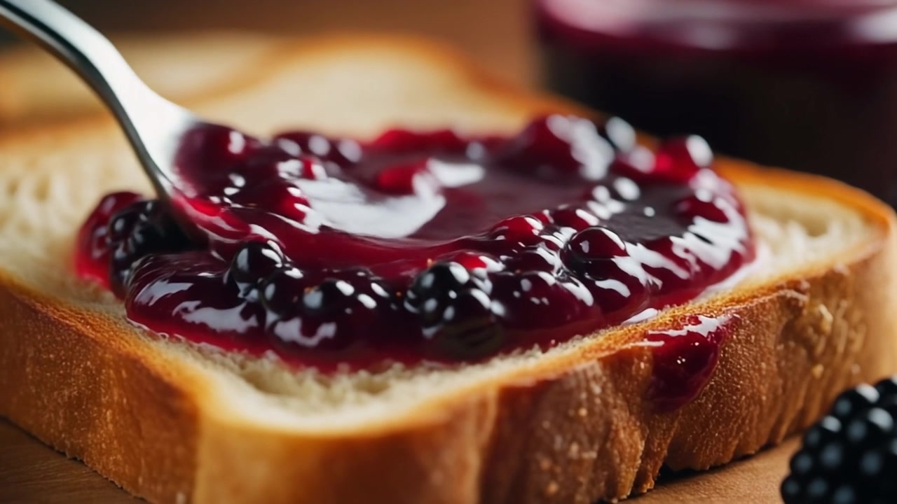 Spreading Fresh Blackberry Jam on a Slice of Toast