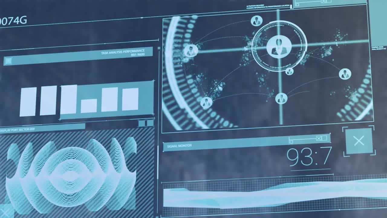 animación de la interfaz con procesamiento de datos contra un fondo de textura gris.