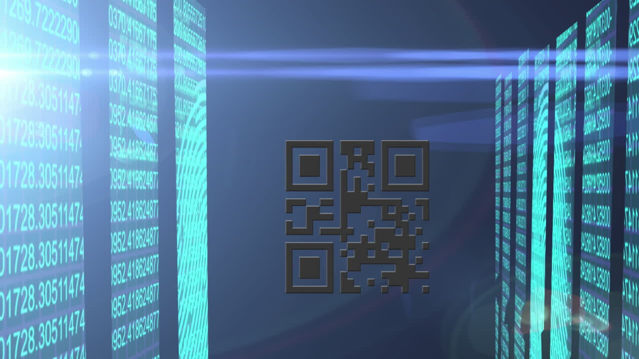 Animation of qr code over data processing on black background