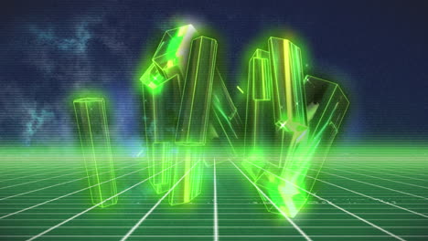 vibrant green crystals glow on a digital grid, evoking a futuristic vibe