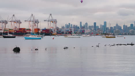 morning city and dock featuring hot air balloon and birds