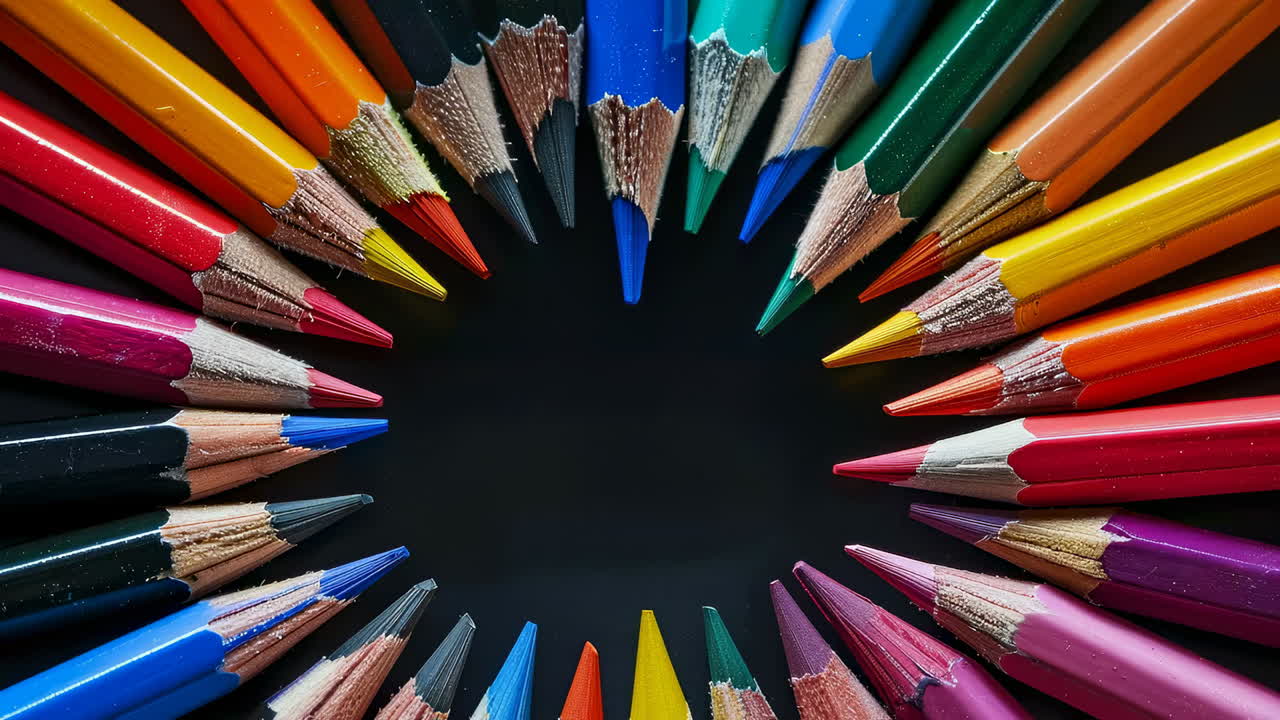 Pencils form a vibrant circle. Brightly colored pencils form an abstract circle, showcasing a blur of colors against a dark background