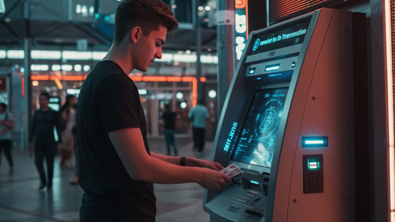 A Young Man Interacting with a Cryptocurrency ATM in a Modern Urban Setting, Showcasing Advanced Technology and Digital Transactions in Real-Time