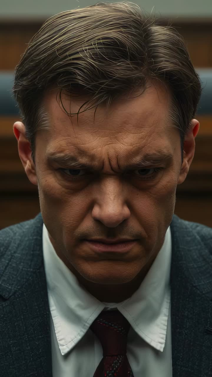 Vertical video: Camera focusing close-up, man in suit lifting gaze at court bench, meeting camera