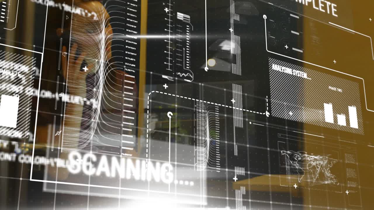 Animation of financial data processing over businesswoman