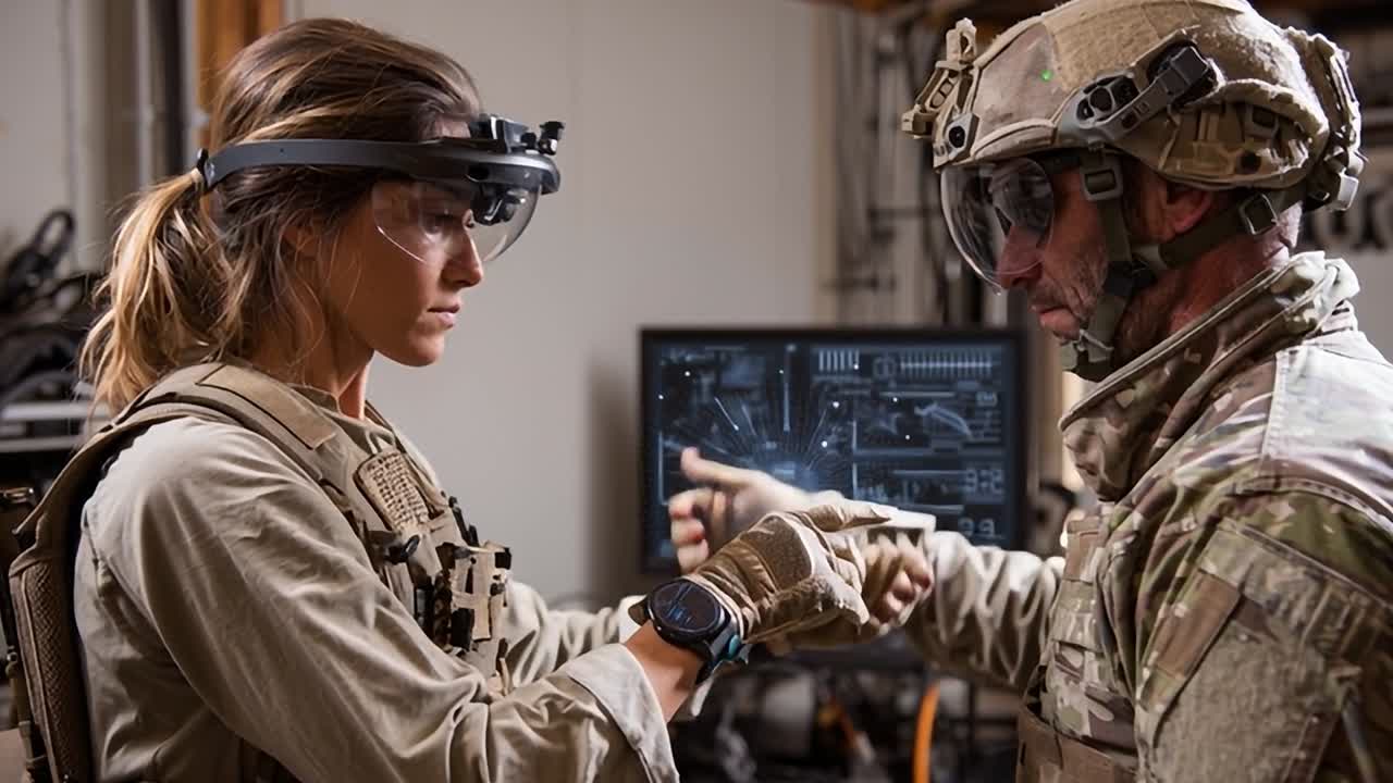 Soldati collaborano utilizzando tecnologia avanzata in un ambiente militare