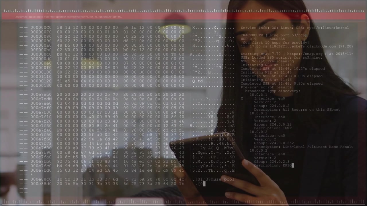Woman scrolling tablet and activating red scan bar with hex dump and Nmap scan results overlay