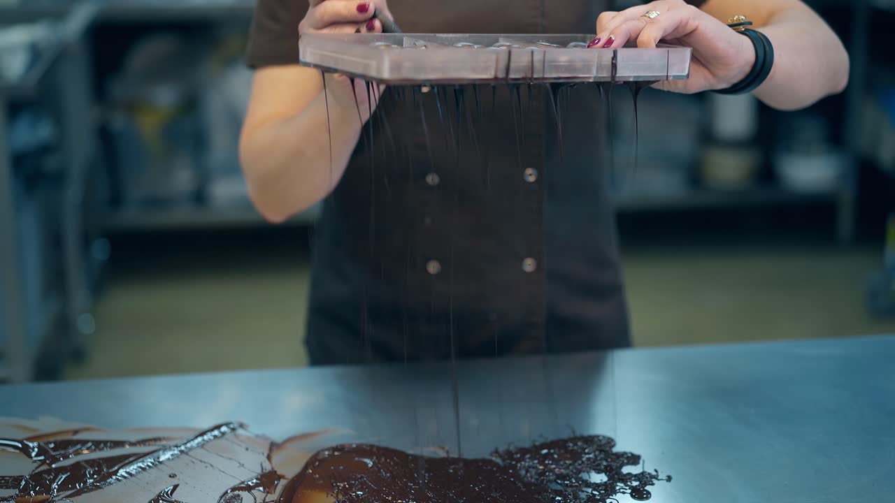 girl strains chocolate glaze through special fine sieve