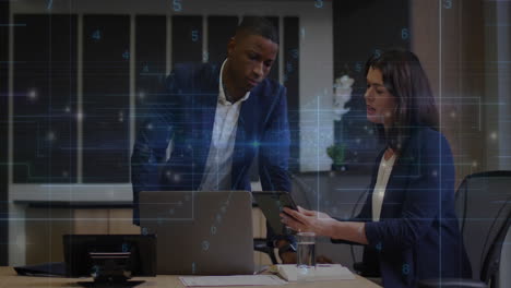 in office, professionals discussing data with digital animation interface overlay