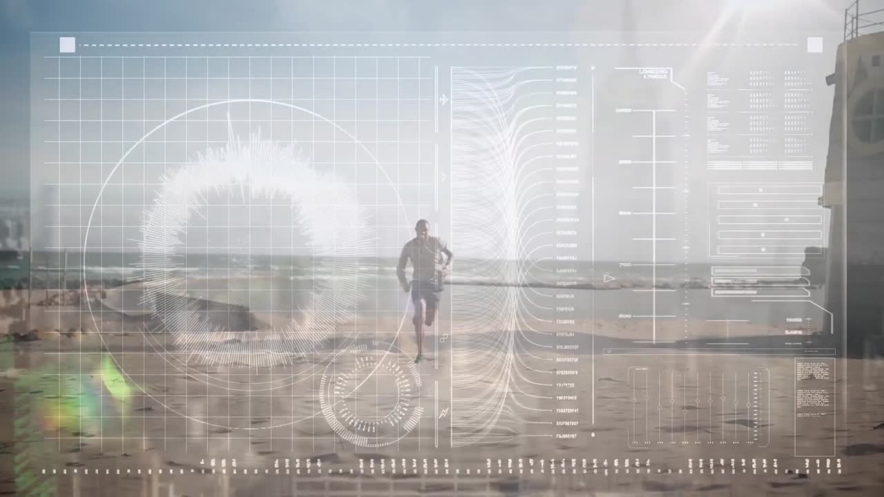 Animation of data processing over fit man running at beach