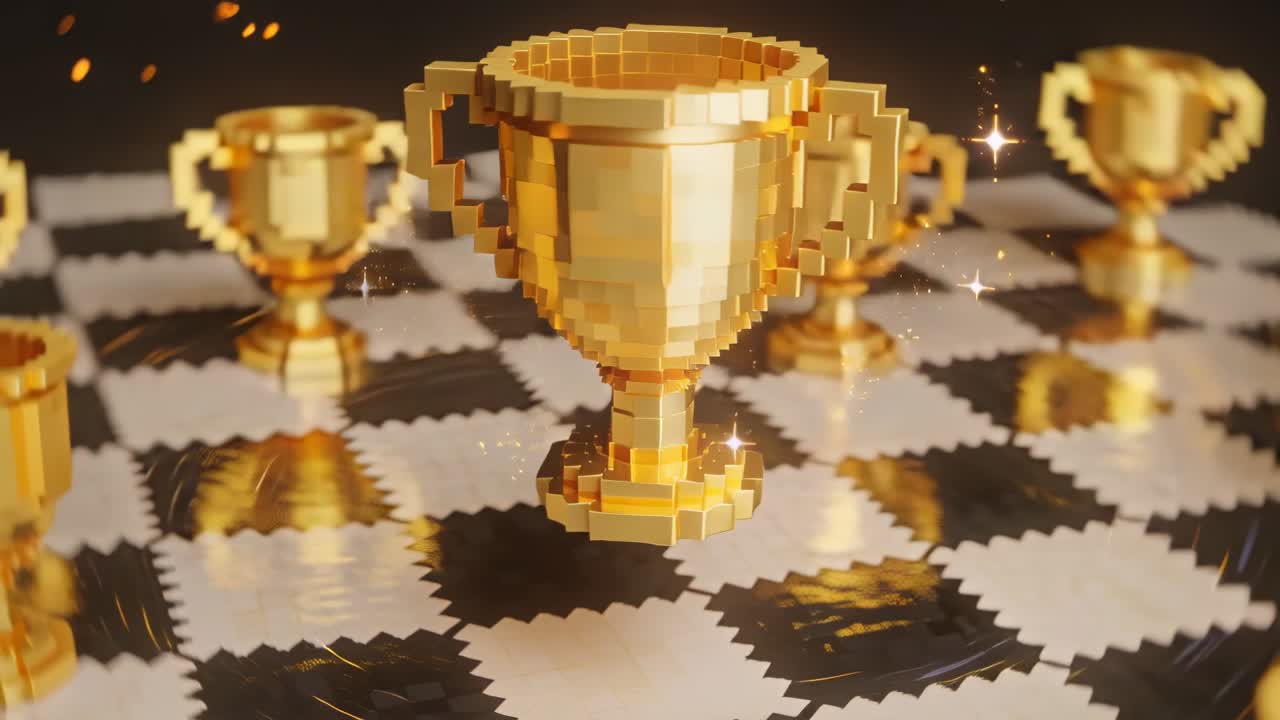 Schwenkende Kamera enthüllt zu Beginn des Clips den zentralen Voxel-Goldpokal auf Schachbrettboden, um Glanz hervorzuheben
