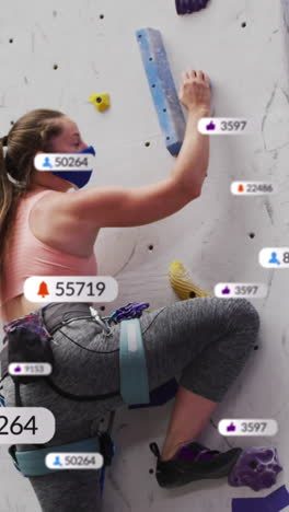 multiple speech bubbles with digital icons against caucasian fit woman wall climbing at the gym